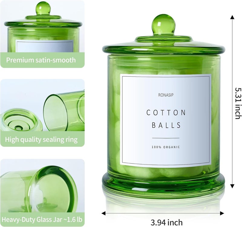 Ronasip Qtip Holder & Cotton Pad Dispenser, Bathroom Organizer and Storage Canisters, 16oz Glass Apothecary Jars for Kitchen, Restroom - Home Decor Accessories, Room Decor Aesthetic (2 Pack, Green) - Image 5